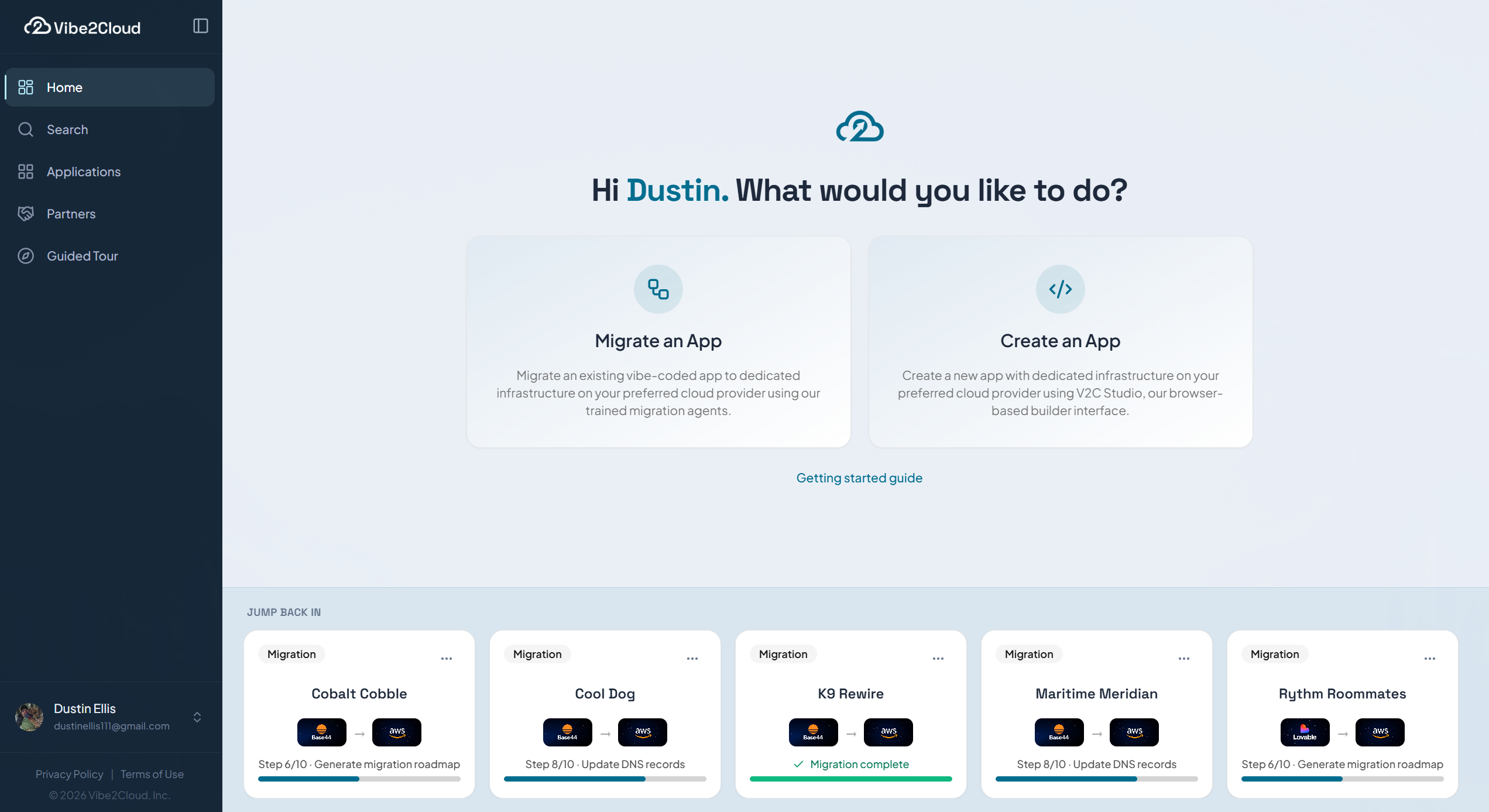 Vibe2Cloud dashboard showing options to migrate or create an app and recent migration projects