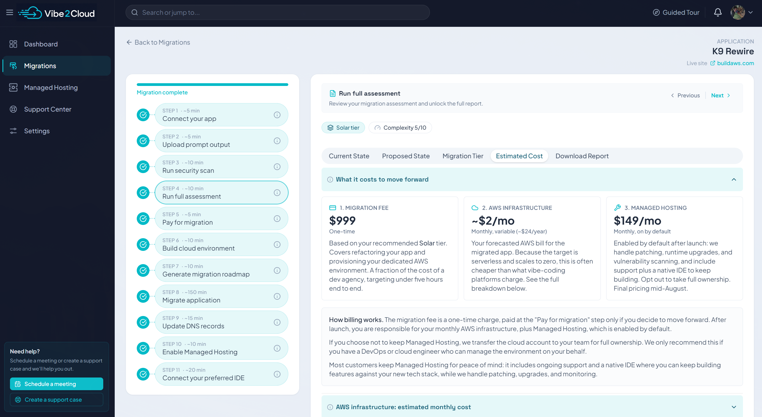 Vibe2Cloud pricing screen showing the fees for a migration.