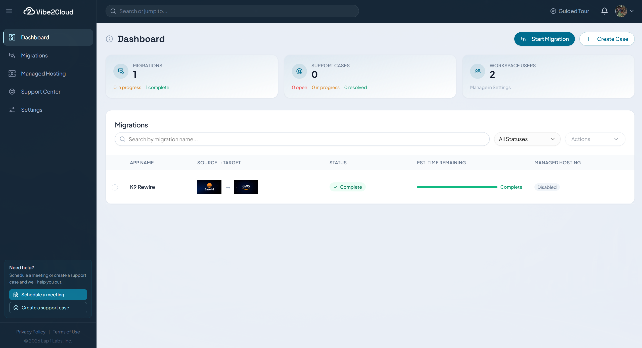 Vibe2Cloud dashboard showing migration missions and their current progress.