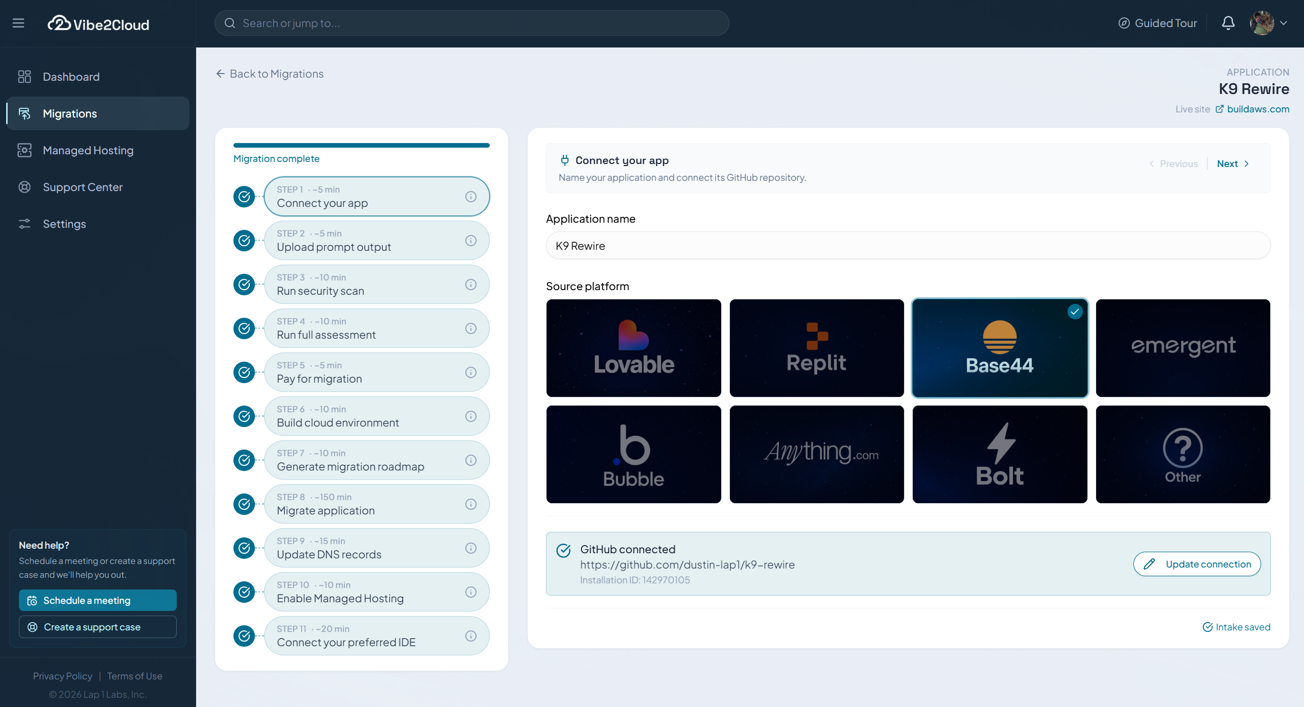 Vibe2Cloud workflow showing the Connect your app step for application details and source repository access.