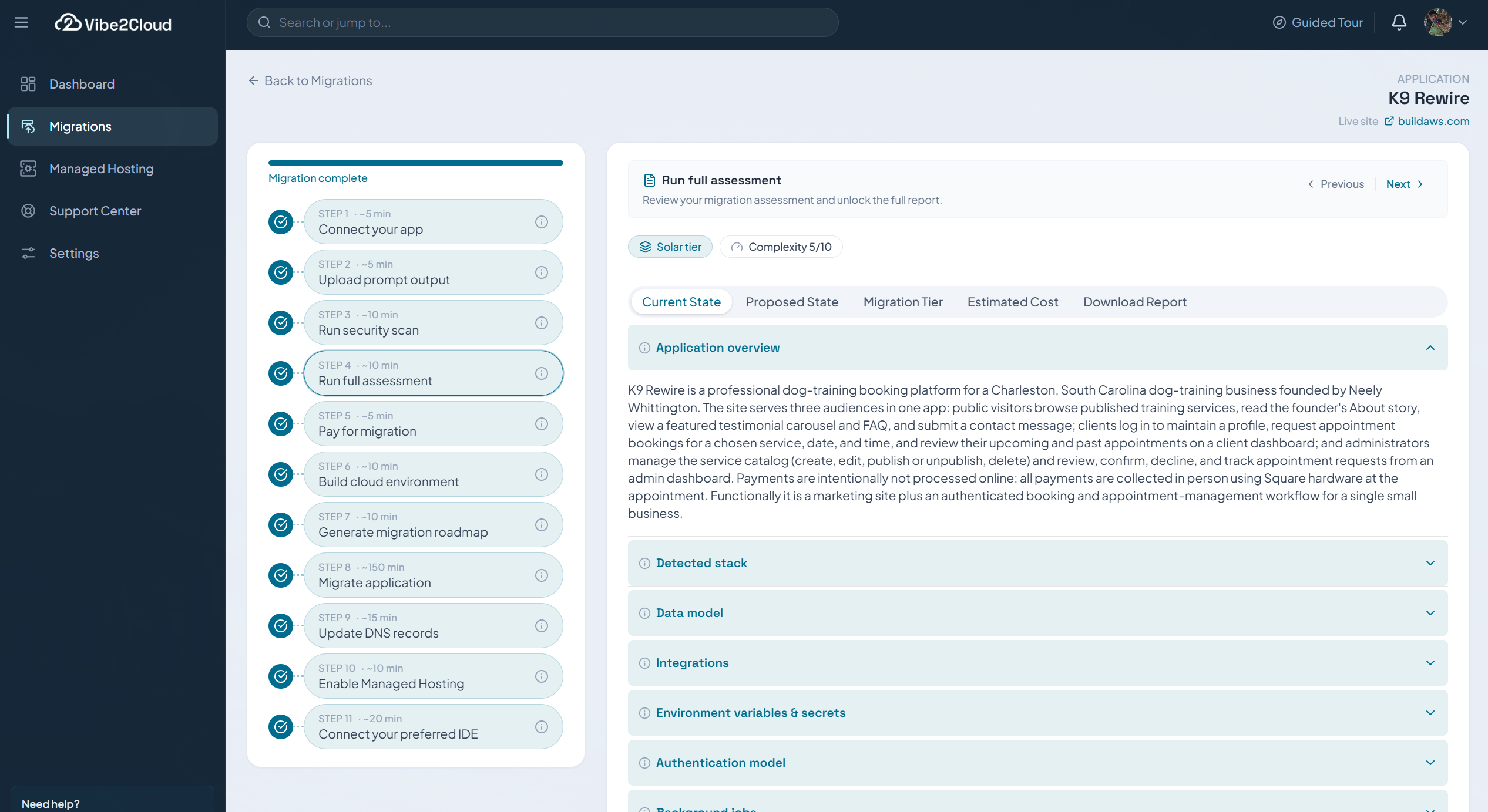 Vibe2Cloud workflow showing the Run full assessment step and assessment report progress.