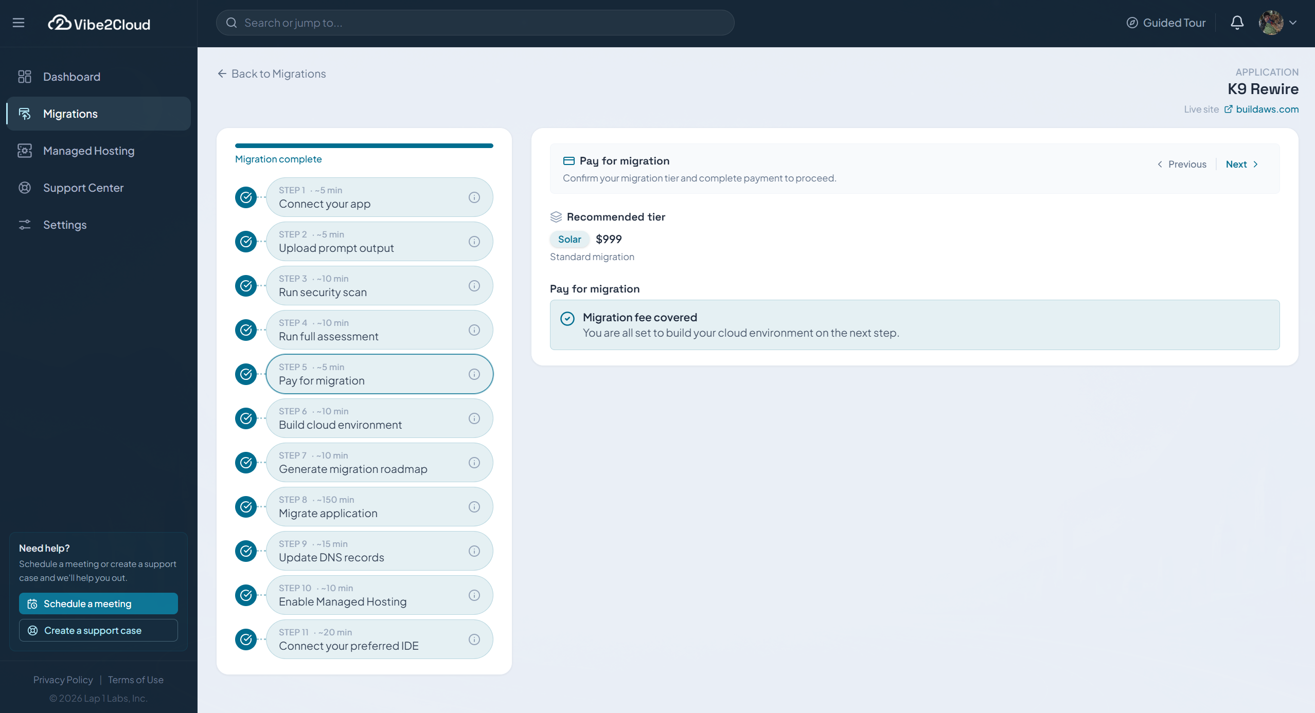 Vibe2Cloud workflow showing the Pay for migration step for the approved migration scope.