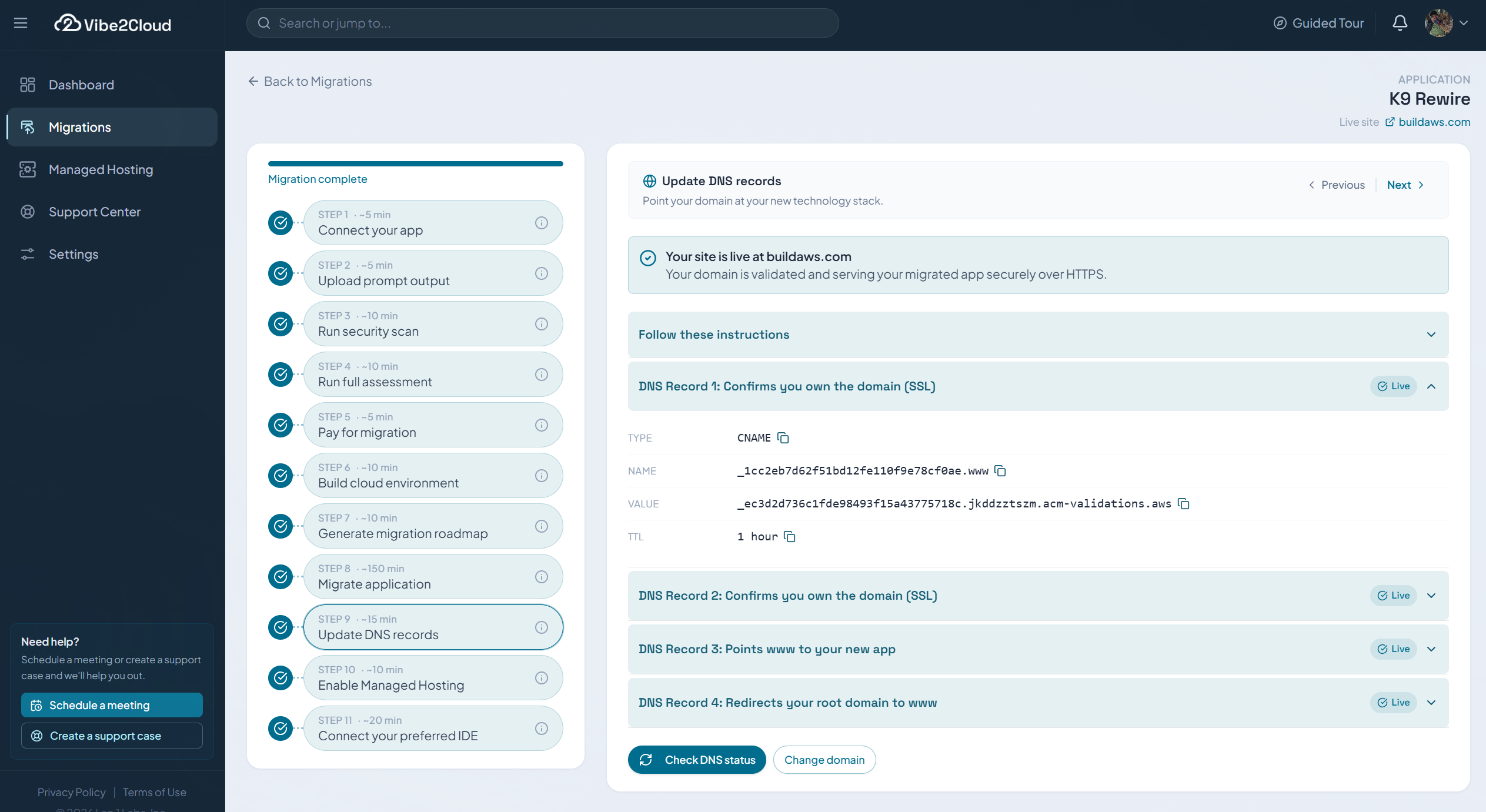 Vibe2Cloud workflow showing the Update DNS records step for the migrated AWS application.